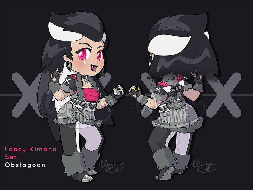 Chibi anime drawing of a character design based on Obstagoon.  Her outfit is based on the kimono sets from Pokemon Legends: Arceus.  She has thick, wild hair that mimics Obstagoon's pelt and is sticking her tongue out and making the devil horns with one hand while holding a heavy ball in the other.