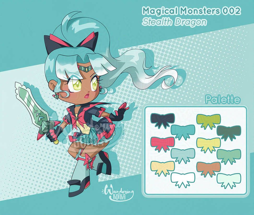 Chibi anime drawing of a magical girl with a Dragapult theme. 