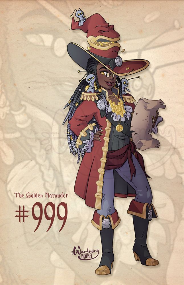Anime style illustration of a Gimmighoul gijinka.  She is dressed in pirate fashion and holding an old scroll.  Several Gimmighoul are perched on her, chatting with her and studying the scroll.  She wears a witch's hat that seems to have a face full of gold coins.  It is laughing and coins are spilling out.
