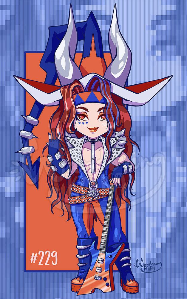 An anime-styled character design based on Shiny Houndoom.  The character is dressed in glam rock style with a witch hat with horns and a matching guitar.  He has long, wavy hair with orange and blue streaks and matching glittery makeup.