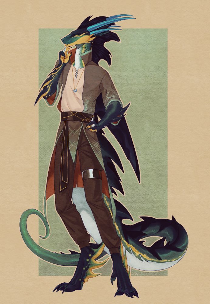 Digital artwork of my fish-dragon sona, Faen. He is standing with his usual perfectly-straight posture in a casually contemplative pose, one hand beneath his chin and the other resting on his waist as he ponders... something.

Whatever he ponders is indiscernible, as his facial expression betrays little. He wears vaguely nautical inspired clothing, with a long loose shirt with shell patterns fading at the sleeves, trailing waistcloth tails bound by a sash at the waist, and form-fitting trousers bound with a ring on the left thigh.