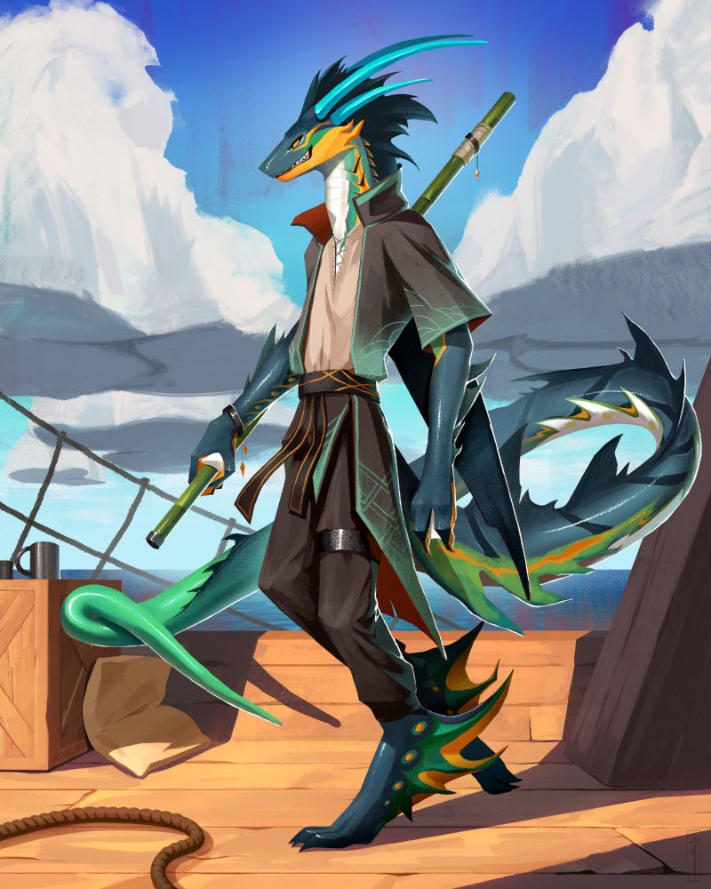 My aquatic fish-lizard [dragon] sona Faen, set in a nautical-looking scene. He is wearing a threadbare shirt with somewhat loose dark trousers, and a similarly loose overcoat of intricate wavy patterning that is black with teal hues at the fringes. It is secured to his waist by a similarly elegantly designed black belt with yellow lines, matching his yellow markings.

I'd describe his entire stance as "casually elegant." Although his long arms hang loosely, his left hand free and right hand grasping the end of a short pole held behind his back like a martial artist- there is an air of 'poise' about him. Or so i'd say! Regardless, he seems to be enjoying the sight off camera, having a small sharp-toothed grin opening the most at the corner of his mouth with all the sense of a shark bearing down on a lovely meal. But still, the sense of ease makes it feel like he's planned everything out and is in control.