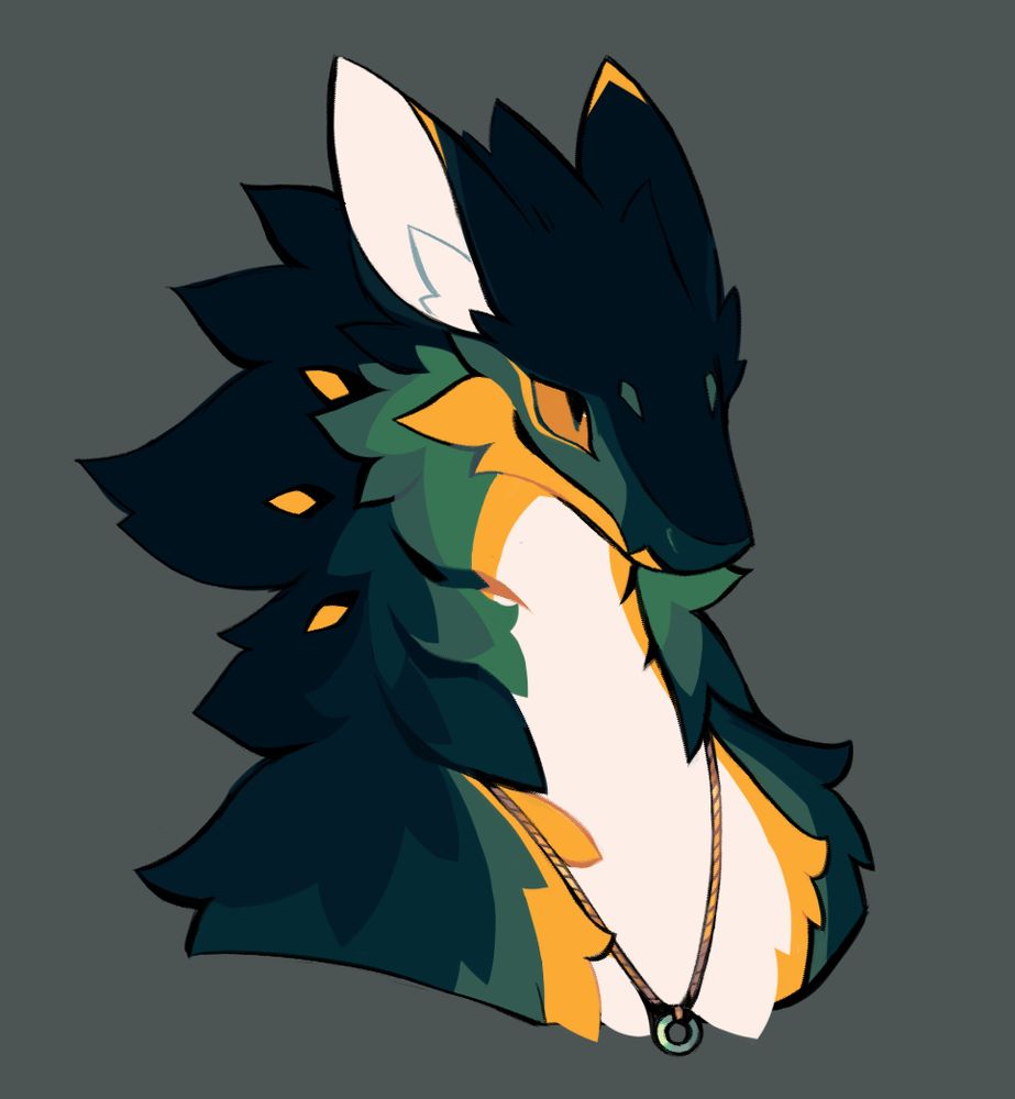 Digital artwork of my revised design for my drazerk character, Tazinh! this features a bust of the shoulders and upward of Taz, wearing his necklace and ring. the mane covers most of the necklace chain, in a particularly imaginative visualization of how accessories would look on such a furred creature

Taz has his head tilted down while still looking upwards, displaying that long bendy neck. His expression is gentle, as if he is currently listening to someone else speak and is attempting to offer some attentiveness and support
