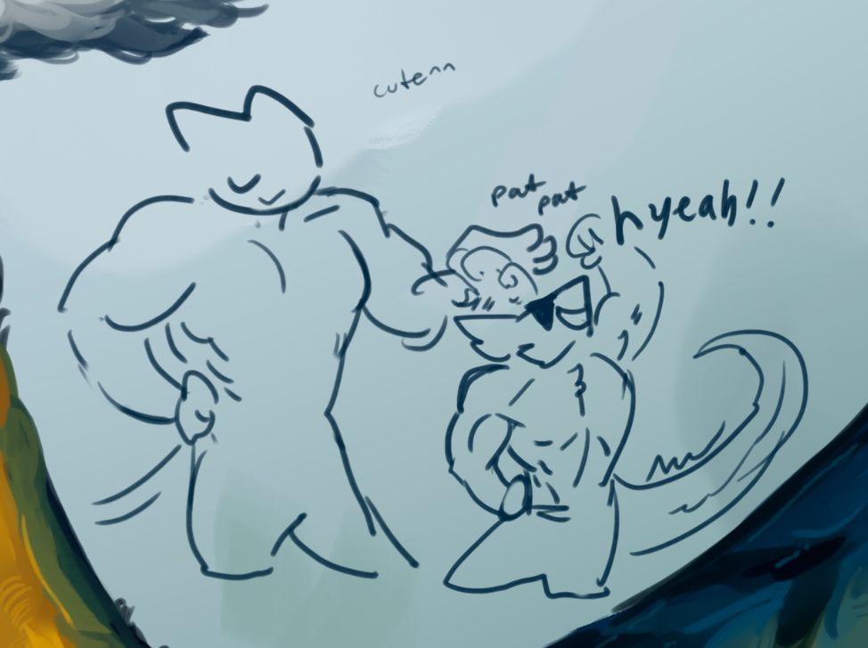 SAAAPHIHIIHIIHIII DDODOODELLEDLEL AGRGRGRGGHHH WOOOO [Sapphi doodle! @sapphiringore did these :> ]

Doodle-buff-Sapphi gently pats doodle-Johnny-Tazo as he flexes with his catchphrase "hyeah!!", with her sentiment being 'cute ^^'