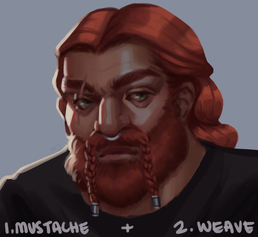 Digital painting of a red-haired person with a braided mustache. They have a scar over their eye and are wearing a black t-shirt. 