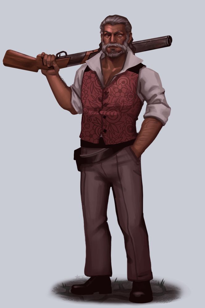 Digital painting of a Dungeons & Dragons character. A middle-aged man with long gray hair, scowling as he holds his shotgun over his shoulder. He stands on a patch of dark cobblestone, overgrown with sprouts of grass. 