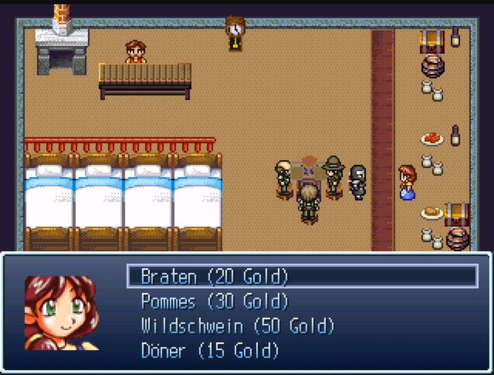 Braten (20 Gold)
Pommes (30 Gold)
Wildschwein (50 Gold)
Döner (15 Gold)

WIE KANN DÖNER GÜNSTIGER SEIN ALS POMMES???