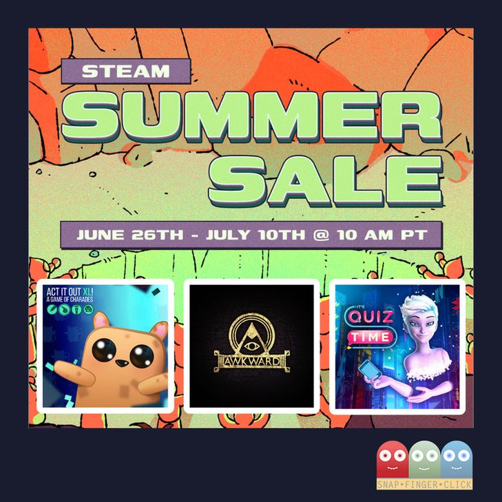 A promotional image for the Steam Summer Sale, running June 26th - July 10th. It features game covers for "ACT IT OUT XL!", "AWKWARD", and "It's Quiz Time" below a large "STEAM SUMMER SALE" banner.