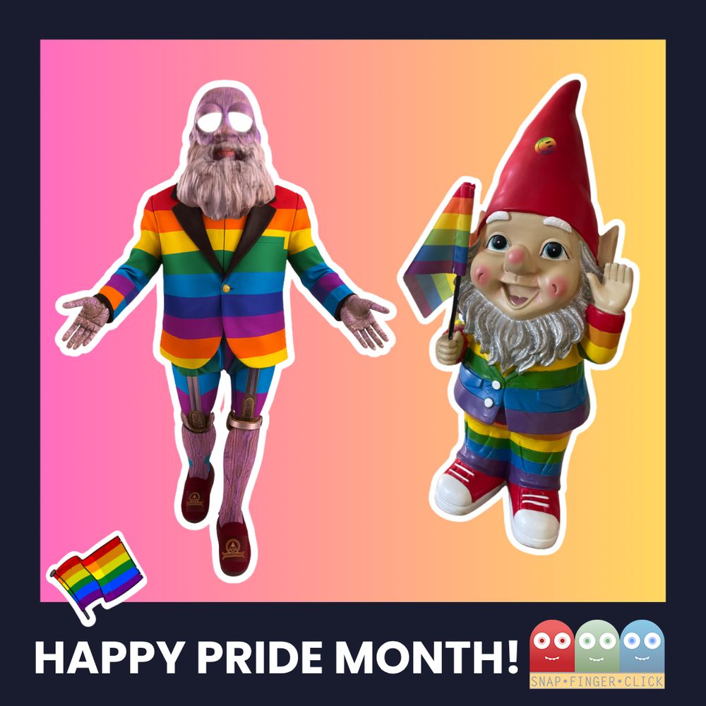 A vibrant image celebrating Pride Month. On a pink and orange gradient background, Wick, from the game Awkward 2, wears a new rainbow suit, and a garden gnome, also in a rainbow suit, holds a small rainbow flag. A larger rainbow flag icon is in the bottom left. Text reads "HAPPY PRIDE MONTH!" with the Snap Finger Click logo.