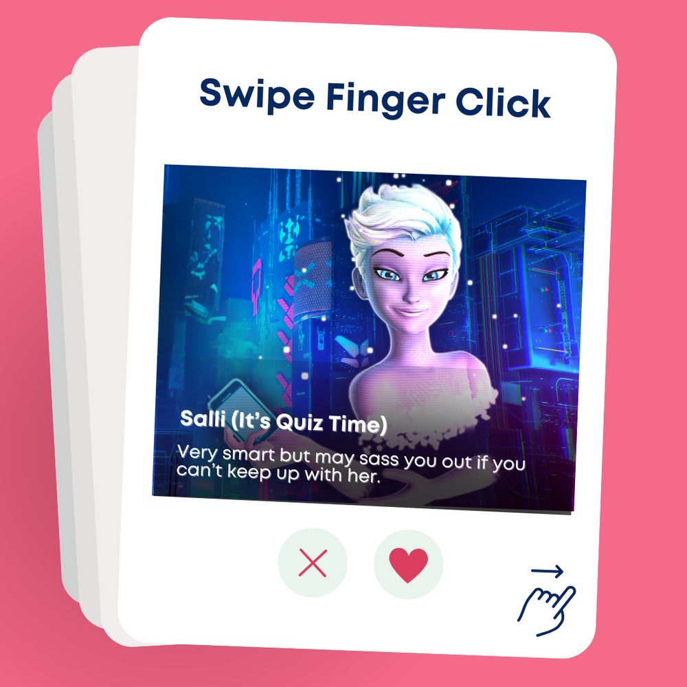 Image shows Salli on a dating app called Swipe Finger Click. Text reads “Salli (It’s Quiz Time): Very smart but may sass you out if you can’t keep up with her."
