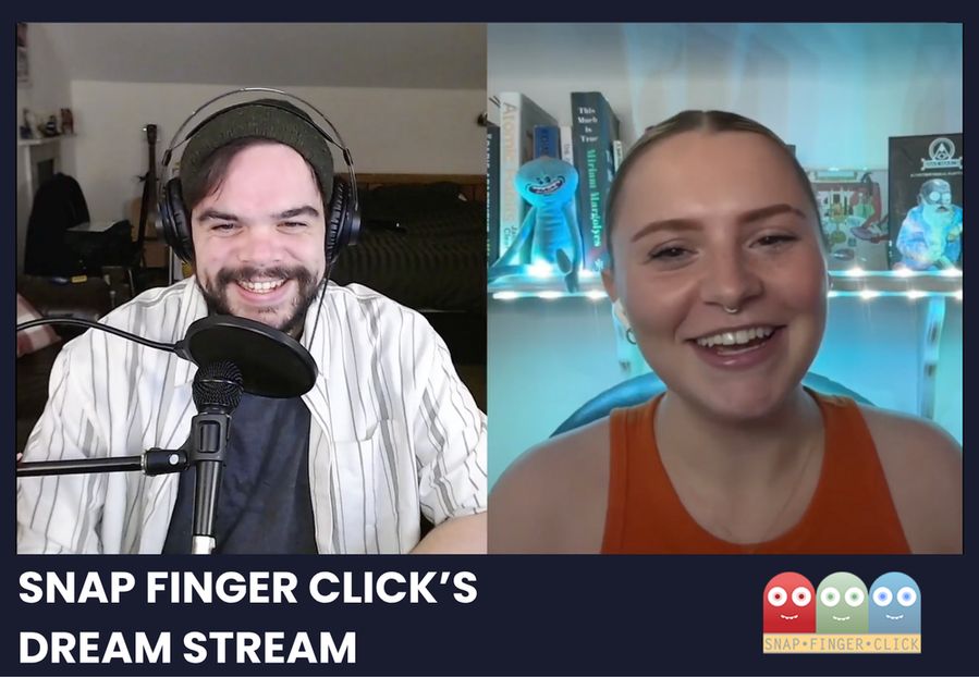A split-screen image showing two people smiling during a video call. On the left, host CherryBurns, on the right, guest Flo. Text below reads "SNAP FINGER CLICK'S DREAM STREAM" with the SFC logo.