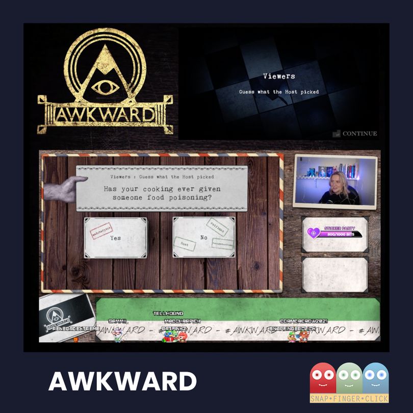 The top of the image features the game's logo and a screen shot of the game that says "Viewers, guess what the Host picked". The main section shows a screenshot of a question :"Has your cooking ever given someone food poisoning?" with "Yes" and "No" options. A streamer's webcam feed and stream rewards are on the right.