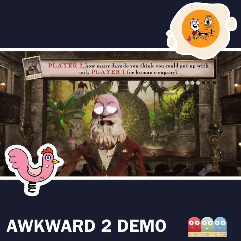A screenshot from the demo of Awkward 2 shows Wick wearing a dark red suit and white shirt. He is positioned in front of a jungle/Aztec themed stage. Above him, a question in a text box reads: "PLAYER 2, how many days do you think you could put up with only PLAYER 1 for human company?"