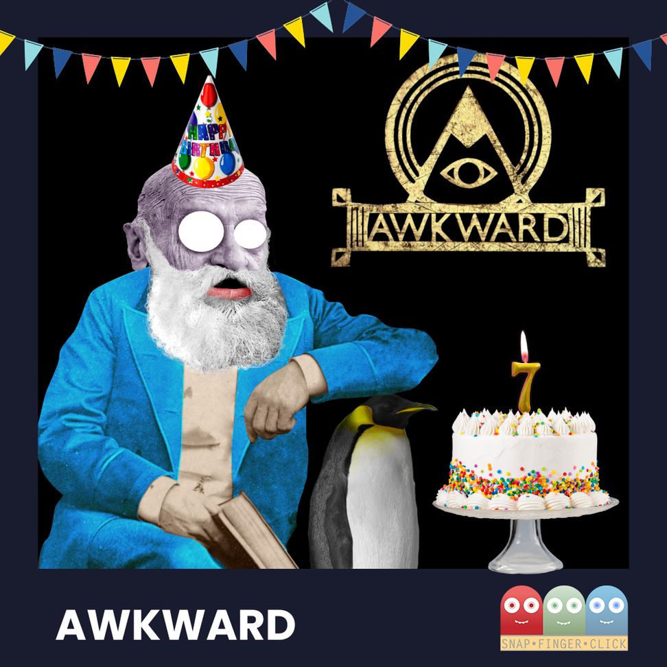 Wick, from Awkward, wears a "Happy Birthday" party hat and is seated next to a penguin. To their right is a white birthday cake adorned with colourful sprinkles and a lit candle shaped like a '7'. Festive banners hang across the top with the Awkward logo underneath.