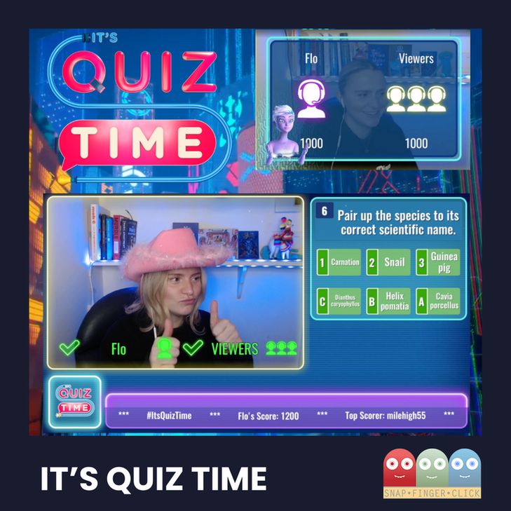 A brightly lit, digital scene from the game "It's Quiz Time" shows a streamer, Flo, in the bottom left corner wearing a pink cowboy hat and giving a thumbs-up. Above her, the game's neon logo reads "IT'S QUIZ TIME" in stylized letters. To the right, a game interface displays question number 6: "Pair up the species to its correct scientific name." Three options are shown: 1 Carnation, 2 Snail, 3 Guinea pig, alongside their corresponding scientific names: C Dianthus caryophyllus, B Helix pomatia, and A Cavia porcellus. In the top right corner, a smaller screenshot shows Flo's webcam feed alongside her score of 1000 and three viewer avatars and their combined score of 1000.