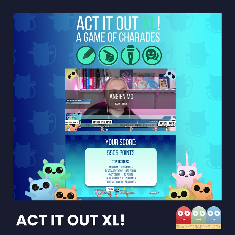 A screenshot from the game "ACT IT OUT XL!" shows a streamer in the centre of the image, acting out a clue that a viewer has guessed correctly as 'Breaking Bad'. The game's title, "ACT IT OUT XL! A GAME OF CHARADES," is at the top of the image with four icons below it representing different game mechanics. Below the streamer, a score display reads "YOUR SCORE: 5505 POINTS" with a list of top scorers and their points underneath.