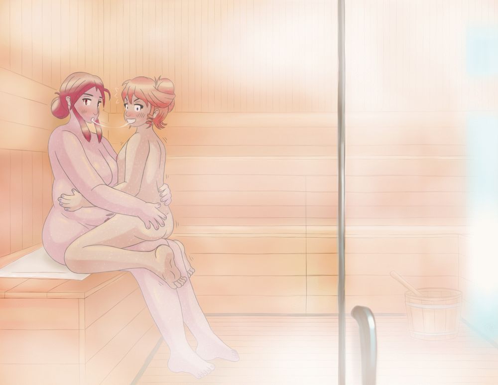 An illustration of two naked girls in a steamy sauna. One is rather short and has strawberry blonde hair, and the other is rather tall and has brunette hair. The shorter one, Mistress, is sitting on the lap of the taller one, her maid. Both women are blushing and sweating. They have their arms wrapped around each other and a trail of saliva between their lips. Their heads are turned toward the open door to the sauna. Mistress has a very embarrassed look, but her maid seems unfazed.