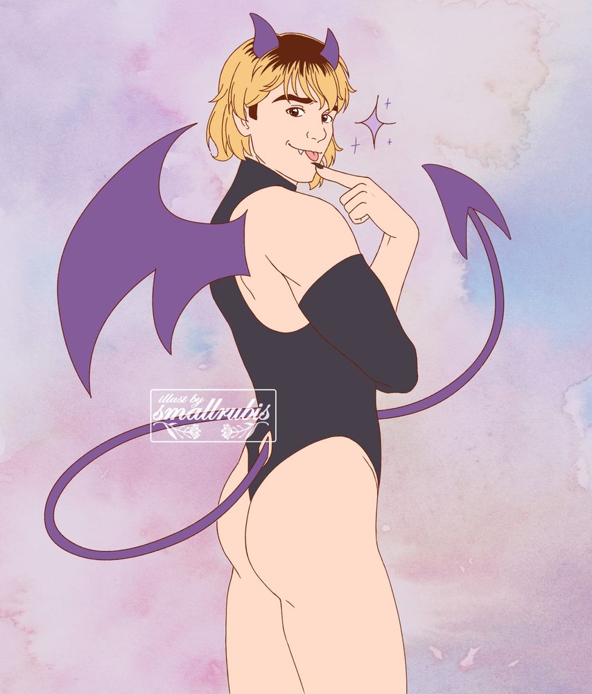 An illustration of the user's OC Geoffrey. He is a young man with bleached blonde hair and brown eyes. He has a small smile, sticking his tongue out with a finger on his chin. He wears a dark grey body suit and for Halloween, he has purple demon wings, tail and horns.