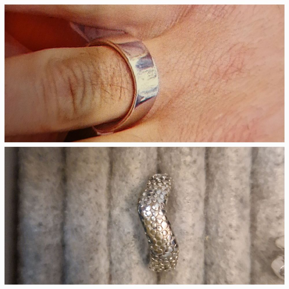 Auf dem oberen Bild ist der Herrenring zu sehen, silberfarben, glatt und wie eine Welle geformt. Auf dem unteren Bild sieht man den Damenring, damit die Wellenform noch besser verständlich wird.