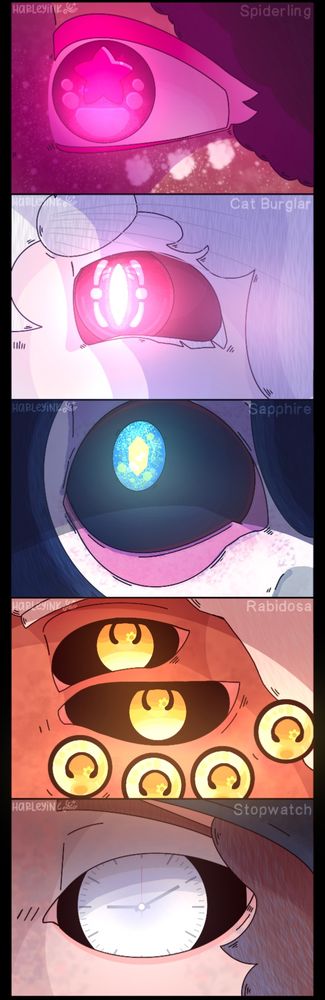 5 drawings showing only one eye of a character, labeled with the characters names. [ Spiderling, Cat Burglar, Sapphire, Rabidosa, and Stopwatch ]