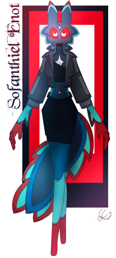 Sofanthiel Enot | She/They

[ An anthropomorphic sea-slug like character named Sofanthiel. They have a blue and red color scheme. They are dressed in a black jacket and pants. Their red eyes have white, moon-shaped pupils. ]

 Sofanthiel is a skilled fighter and a master of astral magic. She spent her teenage years diving into the waters between Underlands and the Aetherlands, fighting Underlanders who got too close and breaking up deals between the two civillizations. STAR welcomed her: her vigilante justice turned legal by STAR’s employement.