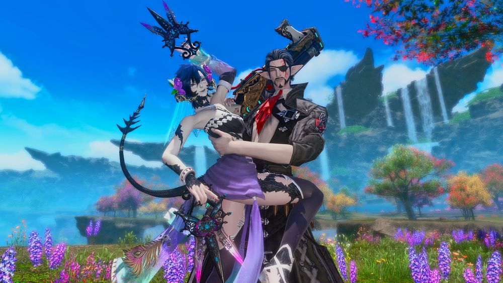 An Xaela Au Ra (Aysel) being held up and against a Elezen (Sturm); he's holding them up in his left arm. Aysel's posed with their right leg wrapped against his hip; their left arm is in the air, right arm down below with their Phantom DNC weapons in hand. Sturm stands tall with his Phantom MCH weapon in his right hand resting against his shoulder. They're standing in Tural, in a field of green grass with purple flowers. 