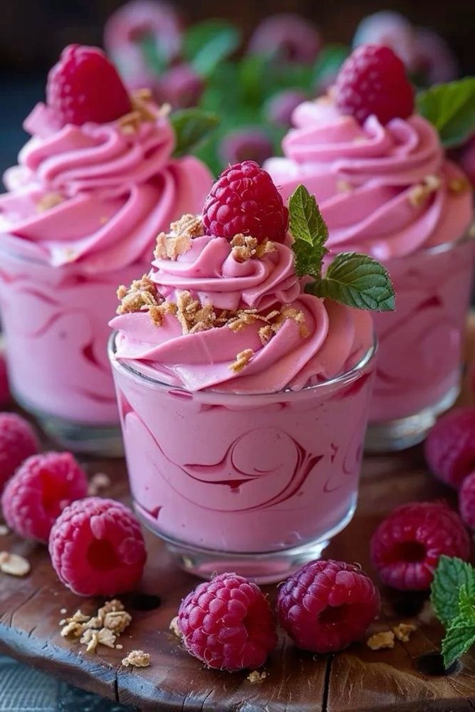 A raspberry / strawberry mousse in a glass cup 