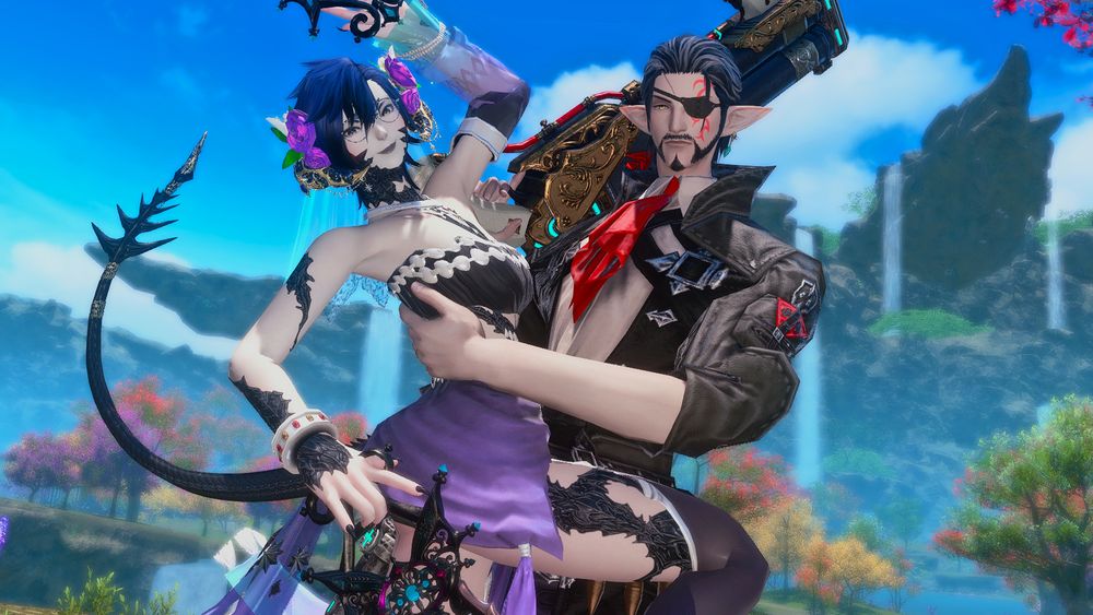 An Xaela Au Ra (Aysel) being held up and against a Elezen (Sturm); he's holding them up in his left arm. Aysel's posed with their right leg wrapped against his hip; their left arm is in the air, right arm down below with their Phantom DNC weapons in hand. Sturm stands tall with his Phantom MCH weapon in his right hand resting against his shoulder. They're standing in Tural, in a field of green grass with purple flowers. 