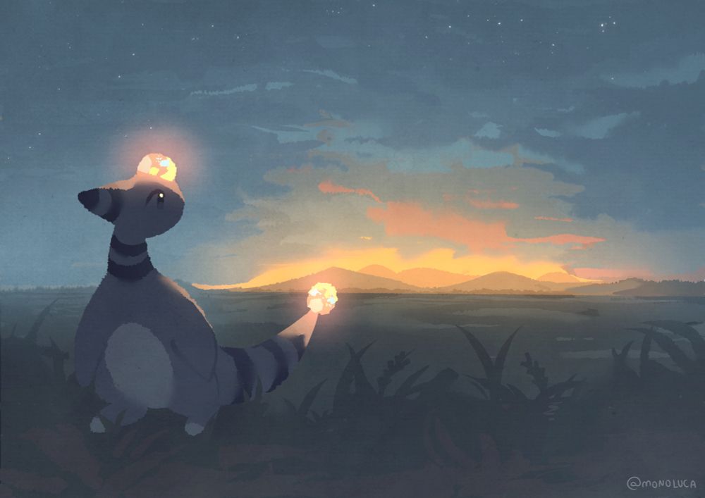 Drawing of an Ampharos standing on a grass field. It's dusk and the sun is almost out. Ampharos looks back to the sun, now being illuminated by it's own lights.
