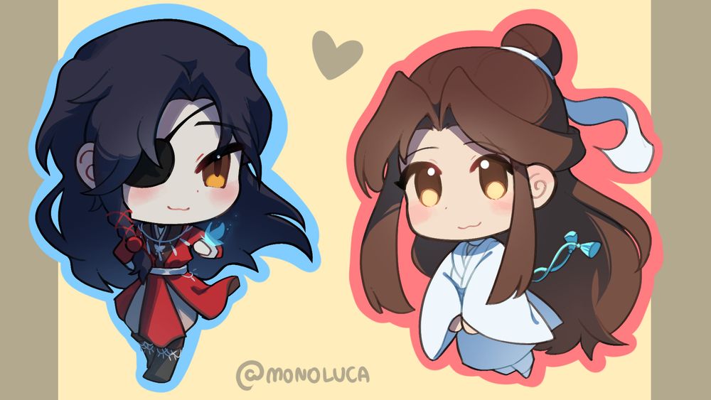 Drawing of Hua Cheng and Xie Lian as chibis, with soft painting and colors. They're both floaty and smiling.