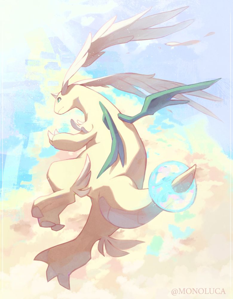 Painting of a Mega Dragonite soaring the skies. It's seen from behind and slightly from below, spreading the four of it's wings in different direction. The colors are lighter than the original design, with an overall pastel color palette focused mostly on light yellow and blue. 