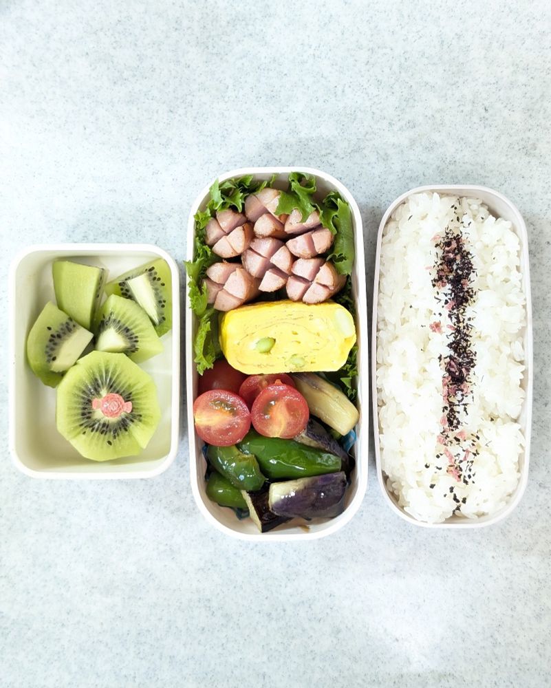 ソーセージ、枝豆入り玉子焼き、茄子ピーマンの揚げ浸し、トマト🍅、キウイ🥝