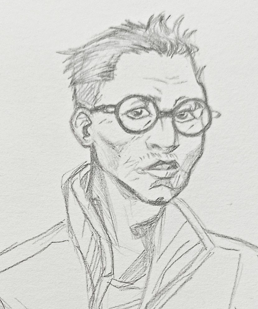 Boceto a lápiz de Kim Kitsuragi, personaje de Disco Elysium.