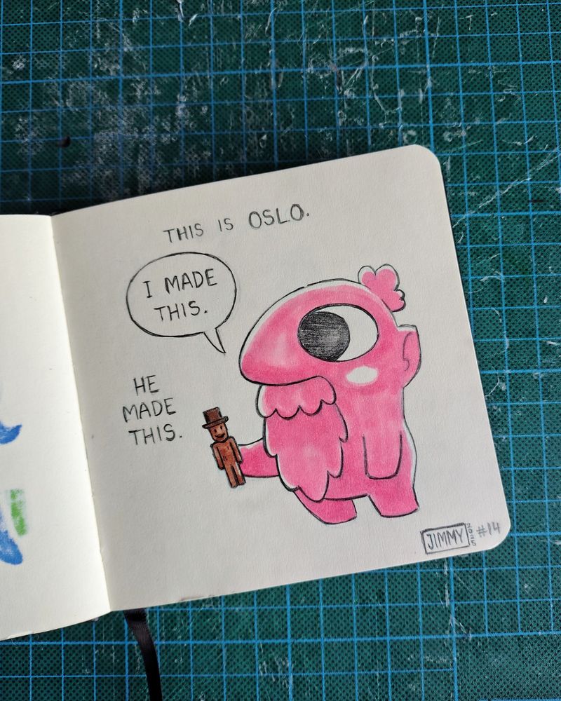 A pink monster with a big beard holds a wooden figure. Text says:
This is Oslo. 
"I made this."
He made this.