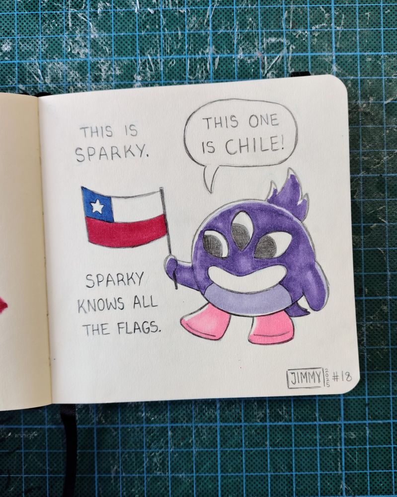 A purple monster with three eyes and pink feet holds a flag. Text says:
This is Sparky. Sparky knows all the flags 
"This one is Chile!"
