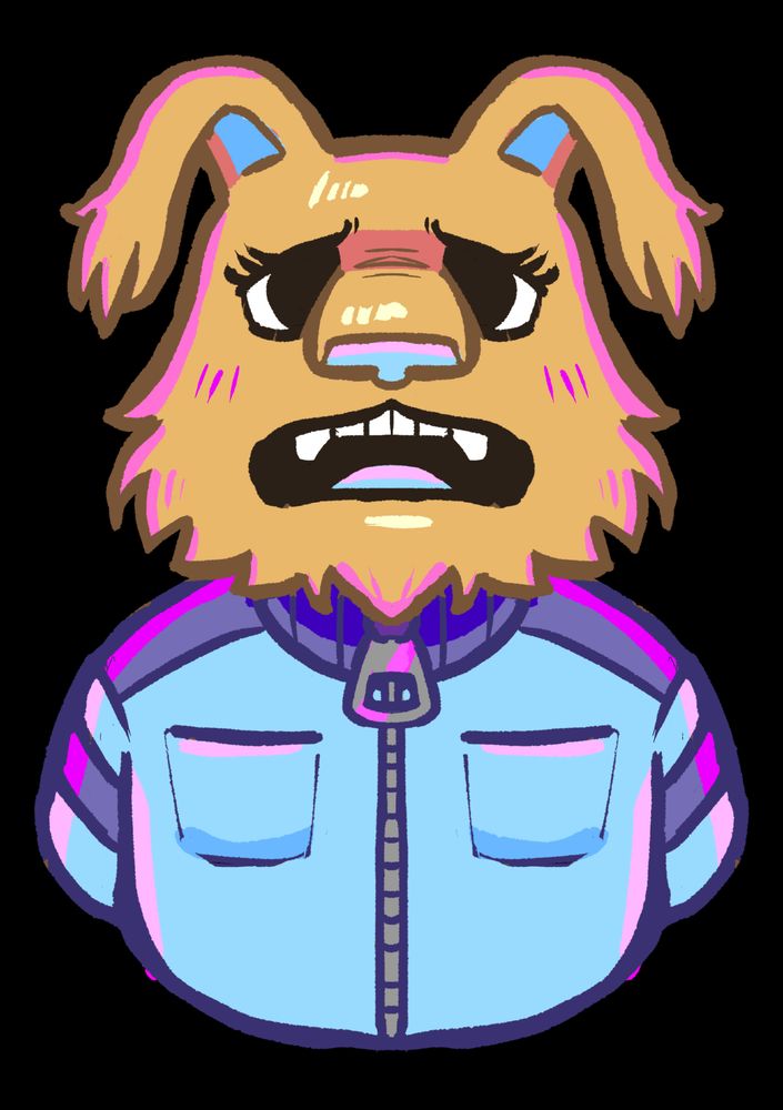 A furry alien with floppy ears and a catlike nose and mouth. She's wearing a purple and blue spacesuit and looks distressed