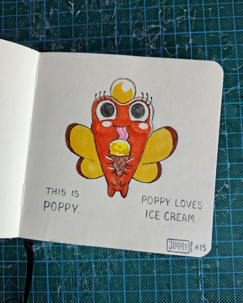 An orange monster with 8 limbs, yellow wings and a round gem on its head. She holds and licks a yellow ice cream. Text says:
This is Poppy. Poppy loves ice cream.