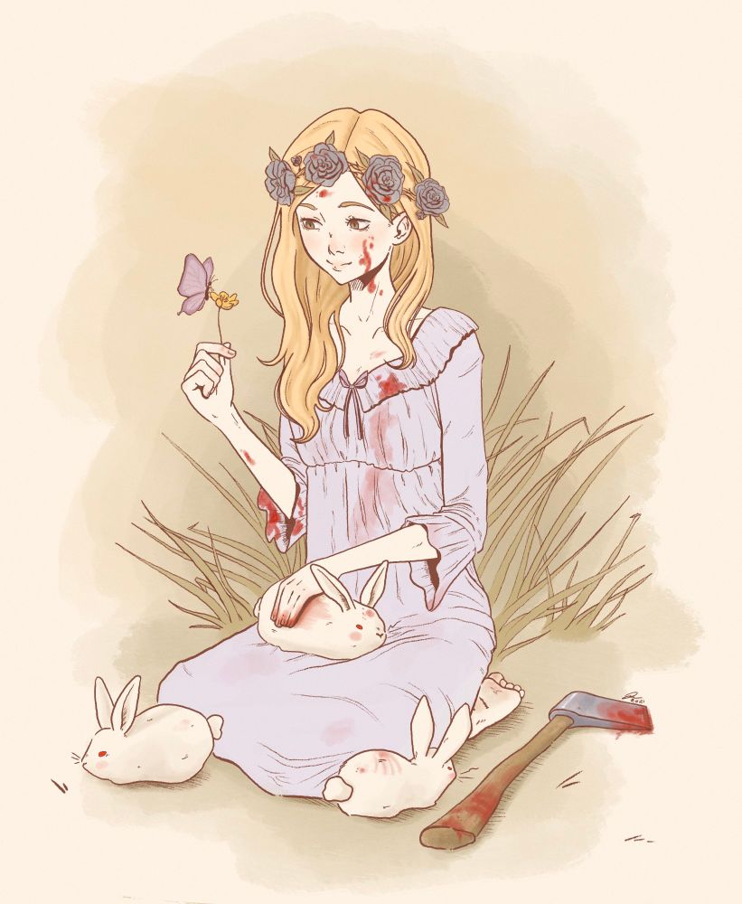 A girl with blonde hair sits in a yellow field of grass. She is holding a yellow flower that has a butterfly sitting on it and a crown of flowers on her head. She is surrounded by rabbits and a bloodied axe sits next to her on the grass. Her purple dress and cheek are also spotted with blood, but her reflection is soft and peaceful. 