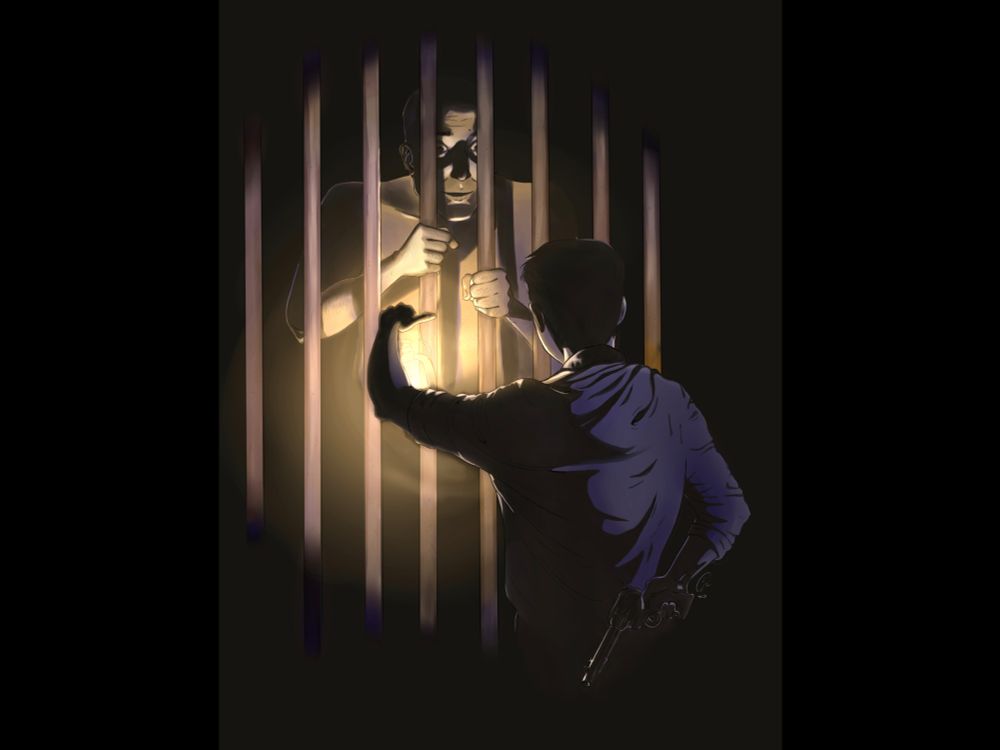 In a dark room stands a man and a boy. The man is grasping the bars of his jail cell, and eerie, unnatural grin is on his face cast by the lantern the boy holds. The boy is facing away from us, but behind his back is a gun. 