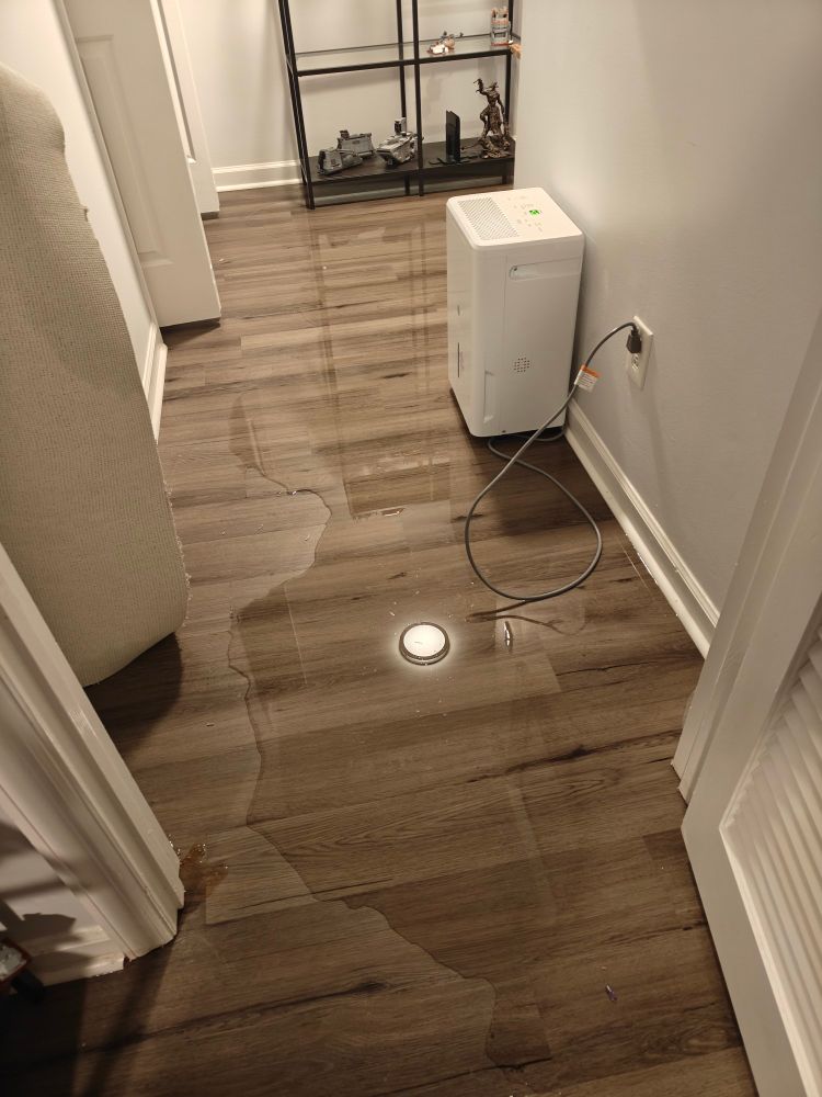 My basement with an expanded large puddle of water sitting on top of vinyl flooring.