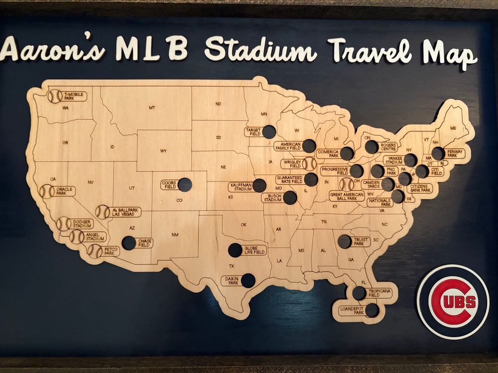 A wood map of all MLB stadiums with wood baseballs to fill in what teams I have already seen