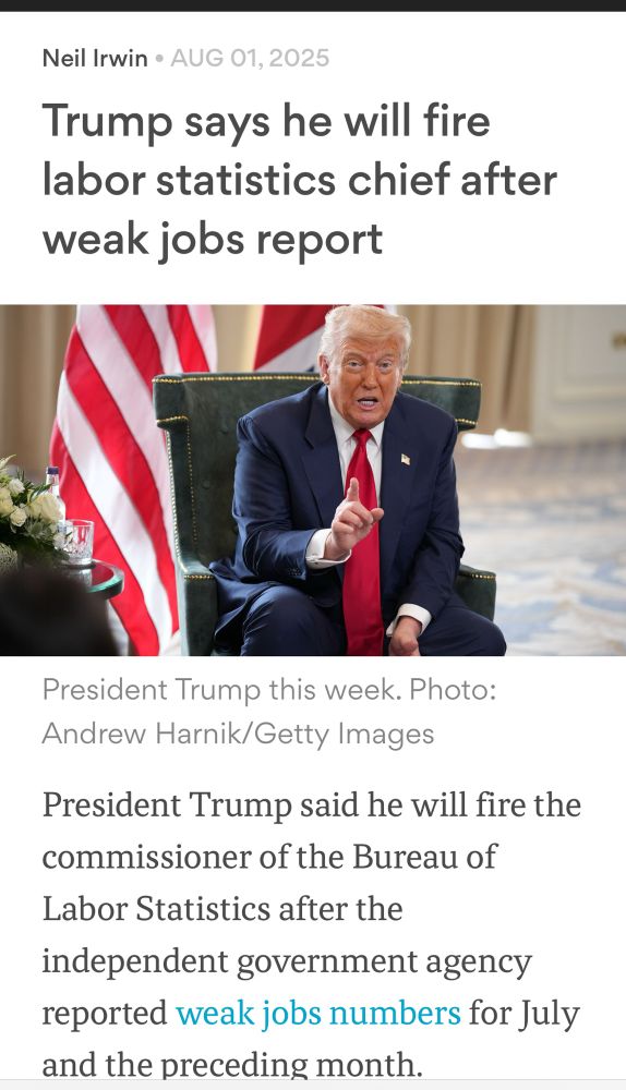 Headline: Fascist orange buffoon to fire person for reporting bad jobs numbers. 