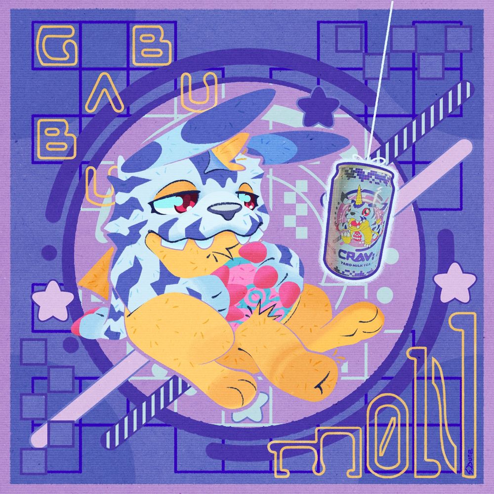 An image of a chubby gabumon, from the Digimon series, sitting and admiring a levitating can of digimilk. The can is levitating with the help of a thin string, maybe you’re meant to ignore that. Also this gabumon looks a little off, you should definitely ignore that 

Though he looks like a typical gabumon he’s got a few differences if you look close. Like his slightly floppy horn, his oddly flat tail, his snaggle teeth, and his unusually long sheath. But other than some small details he’s fairly typical. Not so typical is his admiration for the hyper realistic Cravi brand gabumon milk can glowing in front of him. It’s possible he sees himself in it. It sure is eye catching

Despite his focus he’s very relaxed, slumping back in a lazy looking pose with his hands on his belly and not a worry in the world. It seems the digimilk is all he needs. He does seem very content

Behind the character is a busy digital aesthetic-inspired background not unlike the one found on the milk tea can. What core is this? 