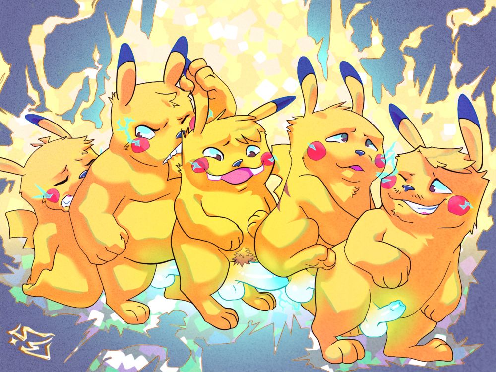 A group of pikachu dudes forming a very intimate kind of electrical circuit by using their shafts and butts as inputs and outputs. Resulting in an electrical surge emanating from the group. From left to right: 
We’ve got our first pikachu on his knees thrusting forward and upward with his hands on the back of his legs, engulfed in a look of ecstasy so great it almost looks like he’s in pain
The second pikachu is taking in the smaller pokémon’s powerful thrusts, though this pikachu is quite big and burly for his species he still can’t seem to take everything he’s receiving and has to grab hold of someone’s ear and bite down on their tail
That someone being: number 3, who’s receiving and taking better than any other guy here. Surprisingly so, since he’s the smallest of the bunch, and also the most meek looking. He’s also maybe not very bright. What he might lack in intelligence he makes up for in actual brightness though, by which I mean he’s kicking up a huge surge of electricity all around him. Maybe it has to do with his hefty “lightning rod”, it’s big, disproportionately so. He also may look familiar, but that’s just you probably. He’s got buckteeth 
Up next is pikachu number 4, who’s bracing himself up against the next one’s back because of 3’s bigness. He has one leg lifted in response to the sheer mass in him which conveniently gives us a good look at his package. A package that also glows blue with energy just like all the others
Lastly is the fifth pikachu. He’s busy grinding his butt against number 4’s junk, and looks happy to do it. He’s smirking and looking back at the rest of the chain with a satisfied face. While he does that the electricity sprouting from his cheek also connects with number 4’s, which is very romantic. He’s got his hair swooped to the side and also a little mustache

I added some glow and fixed a few tiny things in the linework, not much though because this is one of the few drawings I think I like