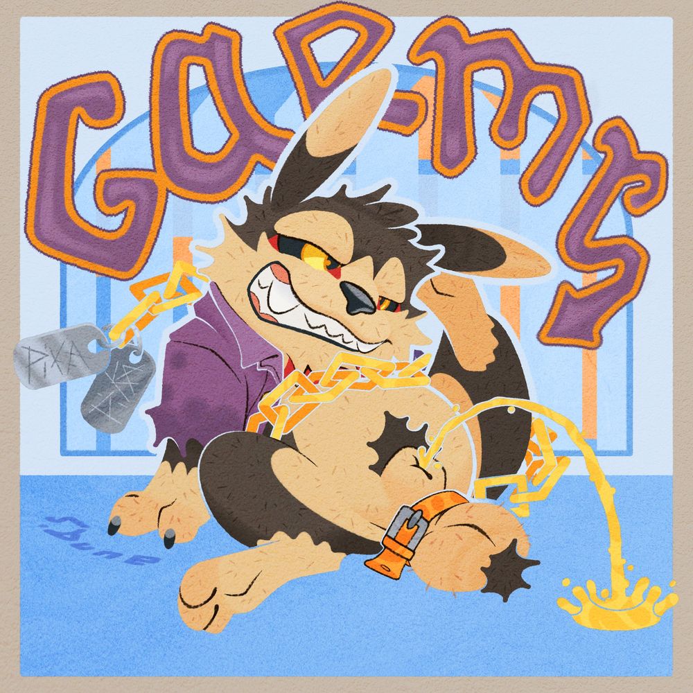 Garmr from Housamo acting particularly doglike: sitting and scratching behind his ear with a hind paw while also relieving himself in a steady stream. He looks kind of different though

He seems oblivious about how ill mannered he is, what with the indecent exposure and marking the ground as his territory, but he is a guard dog after all. At least he’s got the decency to wear a purple dress shirt, but without matching bottoms it’s not making much of a difference. His only other form of wear are the golden chains snaking around his chubby form. One end has two shiny metal dog tags dangling off it, while the other end is secured to a collar around his heavy sack. His self satisfied smile looks halfway between a grimace, finishing off his rough charm

Underneath him is a vibrant blue floor, and behind him is a window-like view out into a scene of a white picket fence in front of a blue sky and orange clouds. It’d look almost serene if it weren’t for the crude dog man sitting in front of it all. Above the character is also big bubbly text spelling out his name in appropriately inconsistent case, “GaRmr”. Appropriate because it matches his own disruptive self. It also does not read “GaRms”, as one might think. Also he is definitely a pikachu