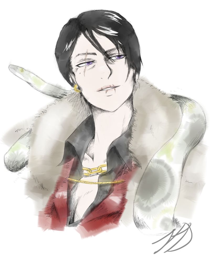 A sketchy watercolor drawing of a beatiful butch lady with short dark hair, purple eyes, scars across her eyes and lips, wearping a black button-up shirt and a crimson red suit. She's also wearing a fur collar cape and has a green python about her shoulders