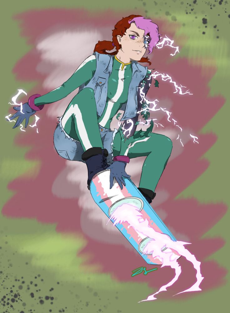 A superhero in a green jumpsuit on a hoverboard covered in the trans flag. She's a trans girl and wearing denim shorts over her suit. She's crackling with pink electrict energy in front of a splotchy background