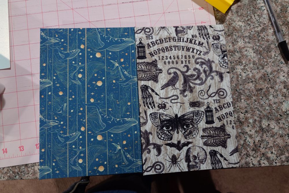 Two book covers side by side on a table. One is blue with tan stars, stripes, and whales, the other a wood-like print with black Halloween images including spiders, bones, and bats.