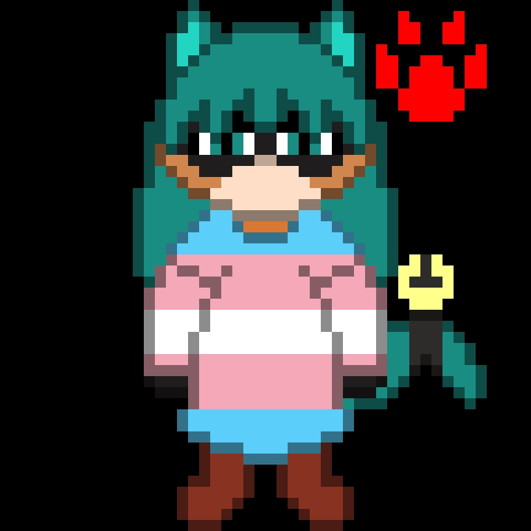 Sprite of Okimi's familar, Yumiko Hoshidera. Cat goes by she/cat pronouns. Her dress is the transgender pride flag!