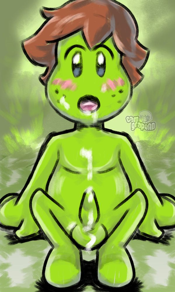 Campbell in his Beanbean form sitting on grass. He seem shy and blushing toward you. (Cumming version)